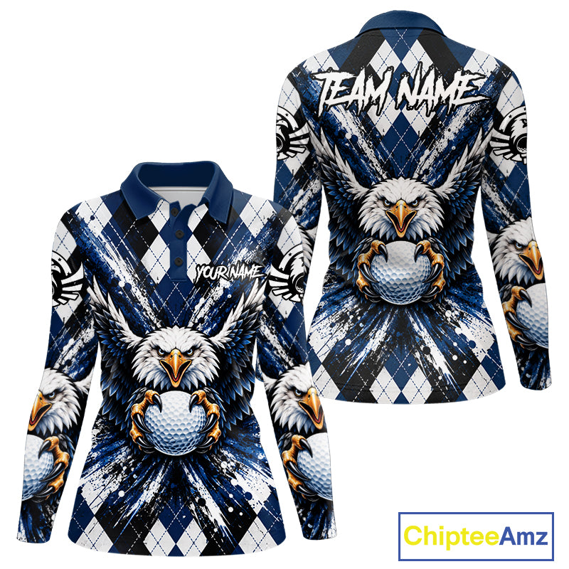 Navy Blue Argyle Eagle Golf Polo Shirt For Women Custom Grunge  Argyle Golf Team Tournament Apparel NYN5036