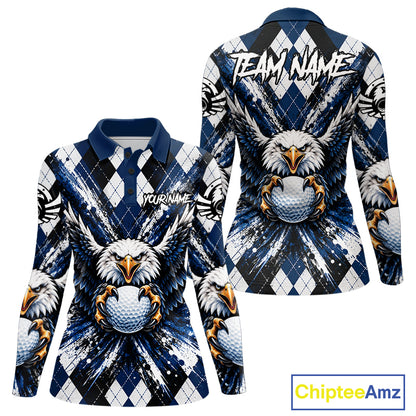 Navy Blue Argyle Eagle Golf Polo Shirt For Women Custom Grunge  Argyle Golf Team Tournament Apparel NYN5036