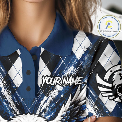 Navy Blue Argyle Eagle Golf Polo Shirt For Women Custom Grunge  Argyle Golf Team Tournament Apparel NYN5036