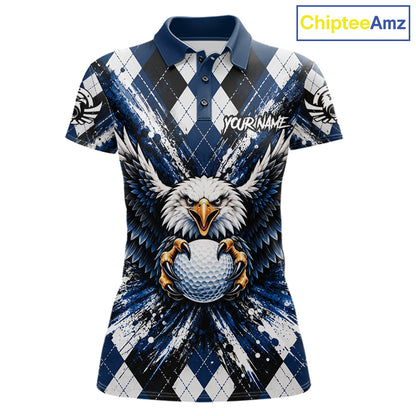 Navy Blue Argyle Eagle Golf Polo Shirt For Women Custom Grunge  Argyle Golf Team Tournament Apparel NYN5036