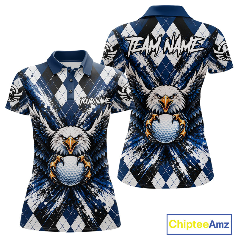 Navy Blue Argyle Eagle Golf Polo Shirt For Women Custom Grunge  Argyle Golf Team Tournament Apparel NYN5036