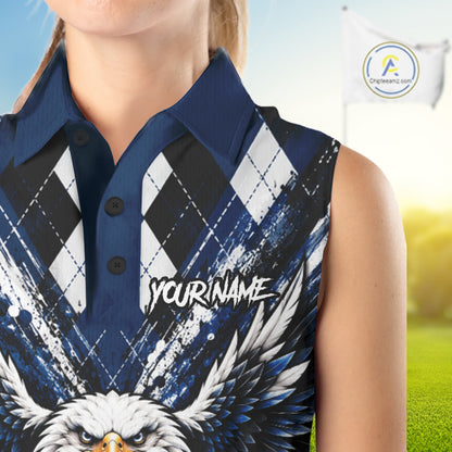 Navy Blue Argyle Eagle Golf Sleeveless Polo Shirt For Women Custom Grunge Argyle Golf Team Apparel NYN5036