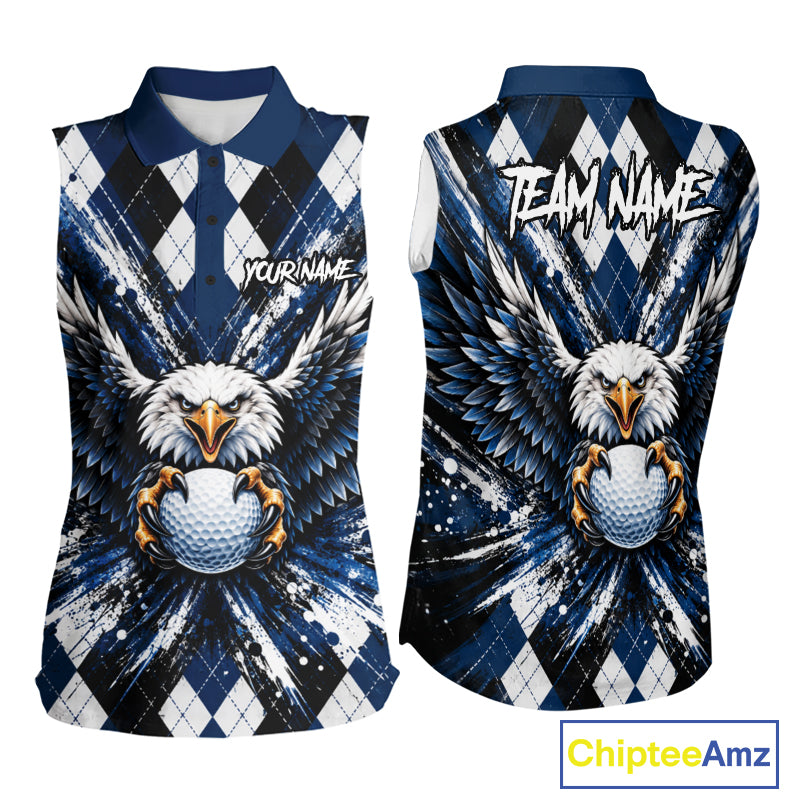 Navy Blue Argyle Eagle Golf Sleeveless Polo Shirt For Women Custom Grunge Argyle Golf Team Apparel NYN5036