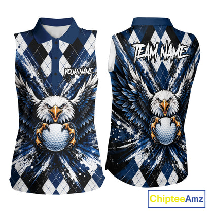 Navy Blue Argyle Eagle Golf Sleeveless Polo Shirt For Women Custom Grunge Argyle Golf Team Apparel NYN5036