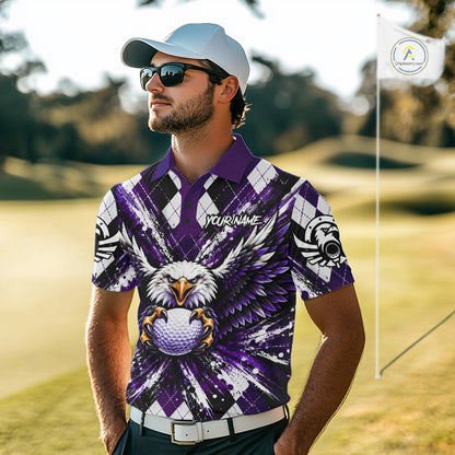 Purple Argyle Eagle Golf Polo Shirt For Men Custom Grunge  Argyle Golf Team Tournament Apparel NYN5037