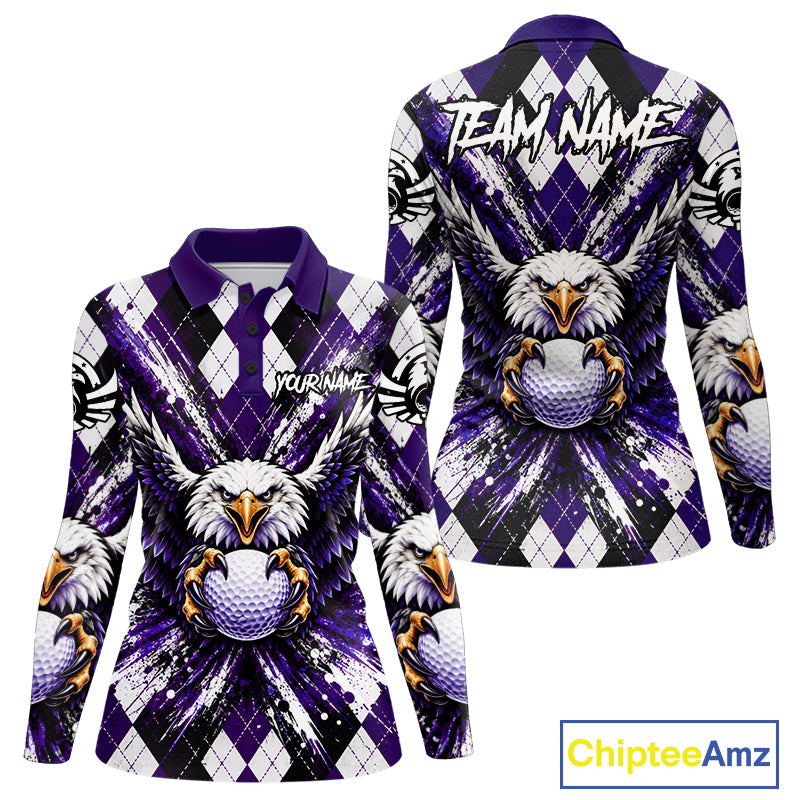 Purple Argyle Eagle Golf Polo Shirt For Women Custom Grunge  Argyle Golf Team Tournament Apparel NYN5037