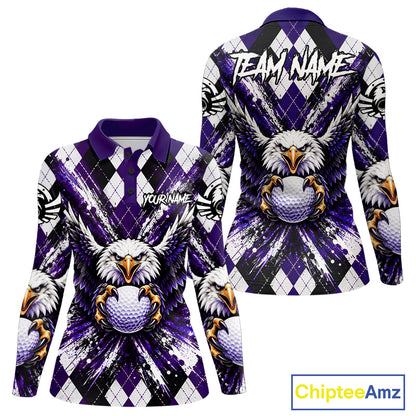 Purple Argyle Eagle Golf Polo Shirt For Women Custom Grunge  Argyle Golf Team Tournament Apparel NYN5037