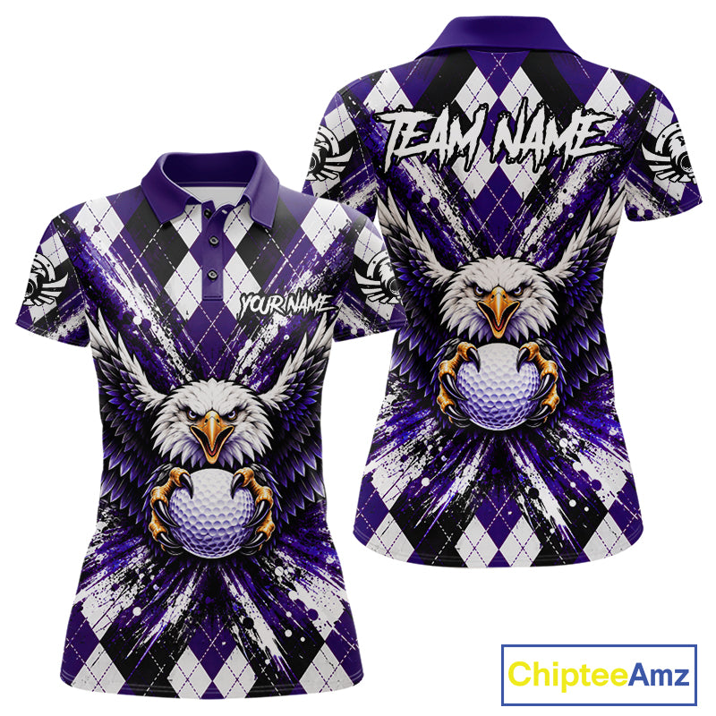 Purple Argyle Eagle Golf Polo Shirt For Women Custom Grunge  Argyle Golf Team Tournament Apparel NYN5037