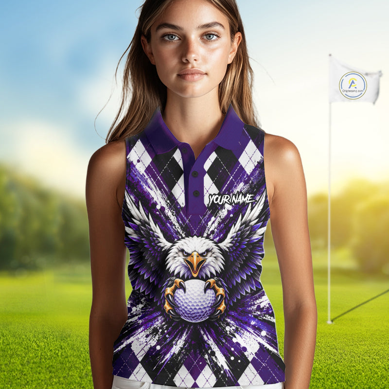 Purple Argyle Eagle Golf Sleeveless Polo Shirt For Women Custom Grunge Argyle Golf Team Apparel NYN5037