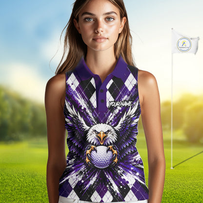 Purple Argyle Eagle Golf Sleeveless Polo Shirt For Women Custom Grunge Argyle Golf Team Apparel NYN5037