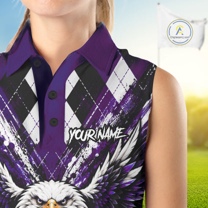Purple Argyle Eagle Golf Sleeveless Polo Shirt For Women Custom Grunge Argyle Golf Team Apparel NYN5037