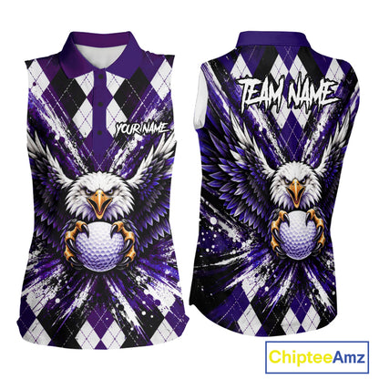 Purple Argyle Eagle Golf Sleeveless Polo Shirt For Women Custom Grunge Argyle Golf Team Apparel NYN5037