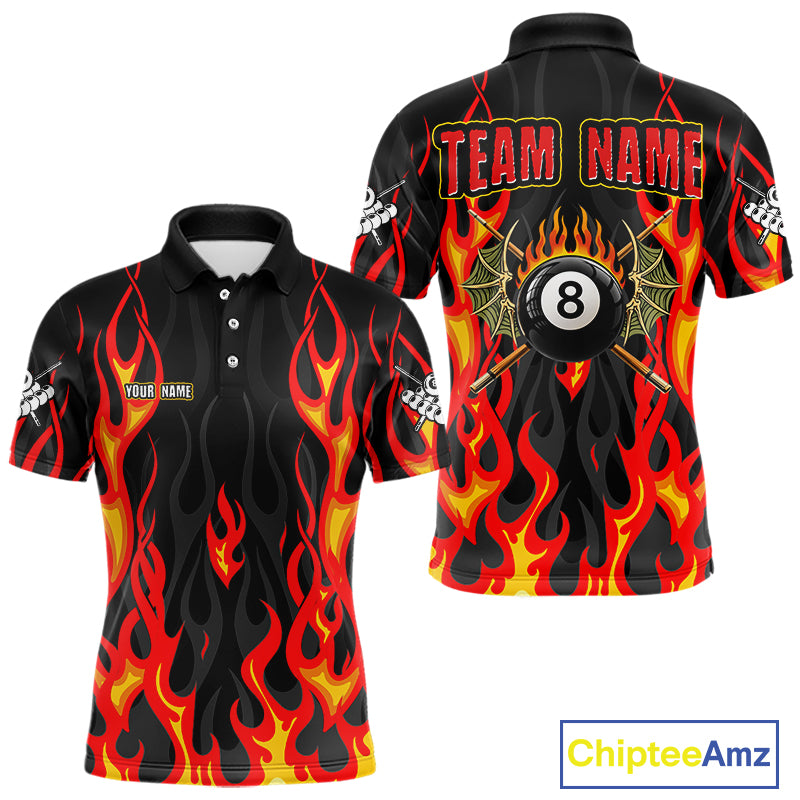 Red Flaming Pool 8 Ball Men Billiard Polo & Quarter-Zip Shirt Custom Billiard Team Jerseys NYN2285