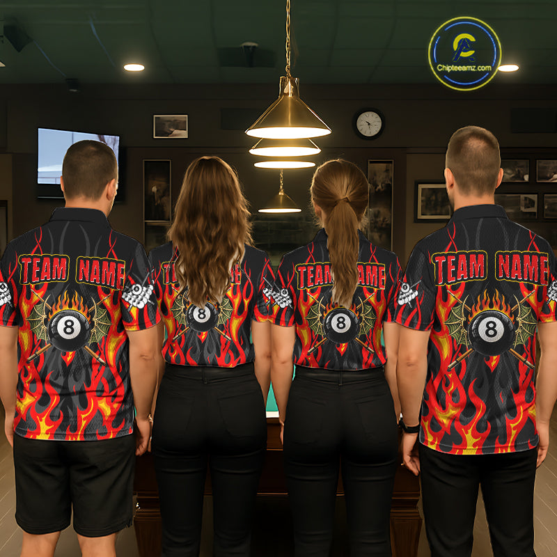 Red Flaming Pool 8 Ball Men Billiard Polo & Quarter-Zip Shirt Custom Billiard Team Jerseys NYN2285