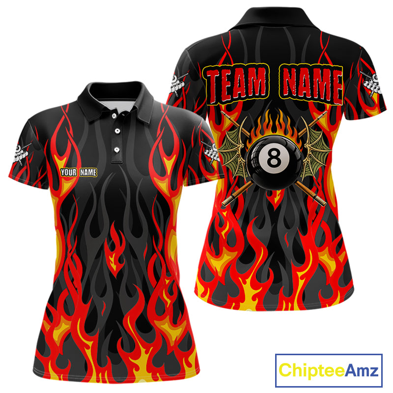Red Flaming Pool 8 Ball Women Billiard Polo & Quarter-Zip Shirt Custom Billiard Team Jerseys NYN2285
