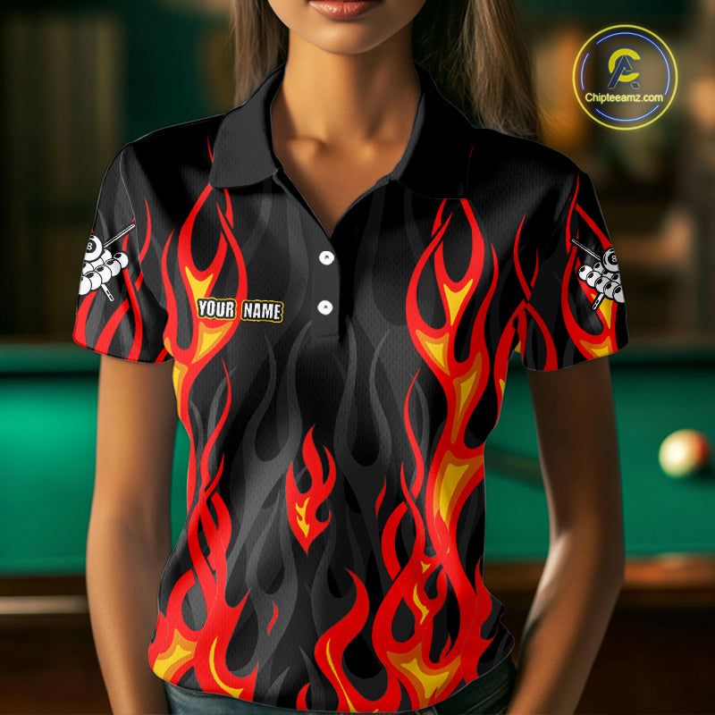 Red Flaming Pool 8 Ball Women Billiard Polo & Quarter-Zip Shirt Custom Billiard Team Jerseys NYN2285
