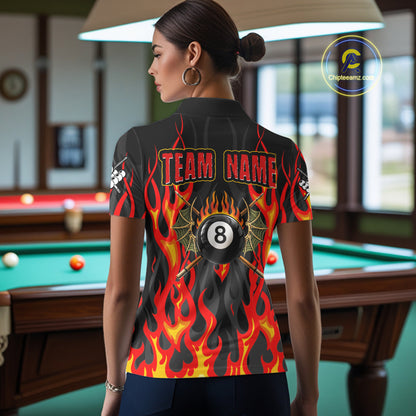 Red Flaming Pool 8 Ball Women Billiard Polo & Quarter-Zip Shirt Custom Billiard Team Jerseys NYN2285