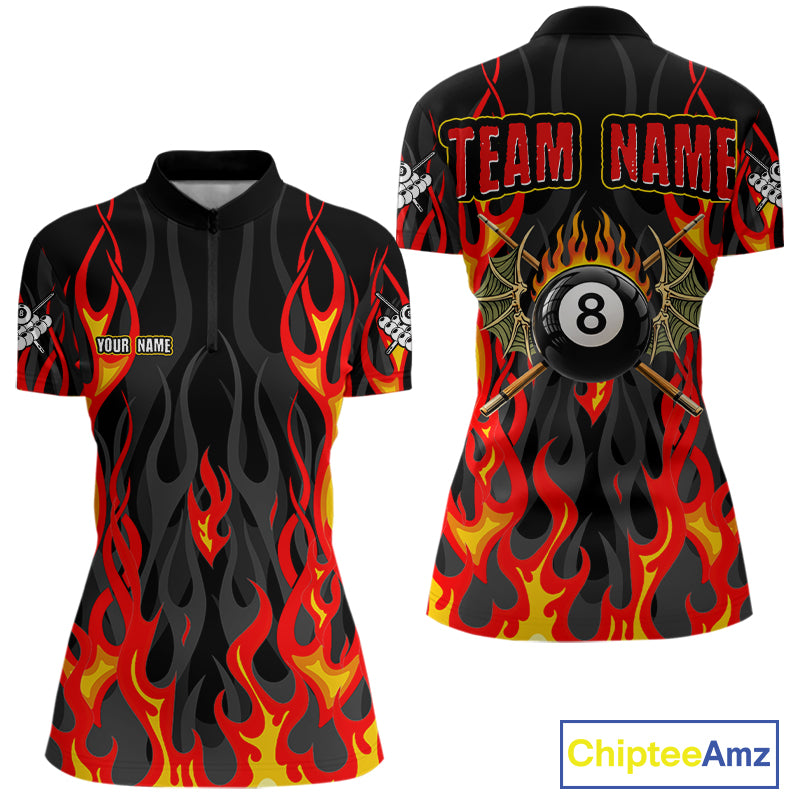 Red Flaming Pool 8 Ball Women Billiard Polo & Quarter-Zip Shirt Custom Billiard Team Jerseys NYN2285