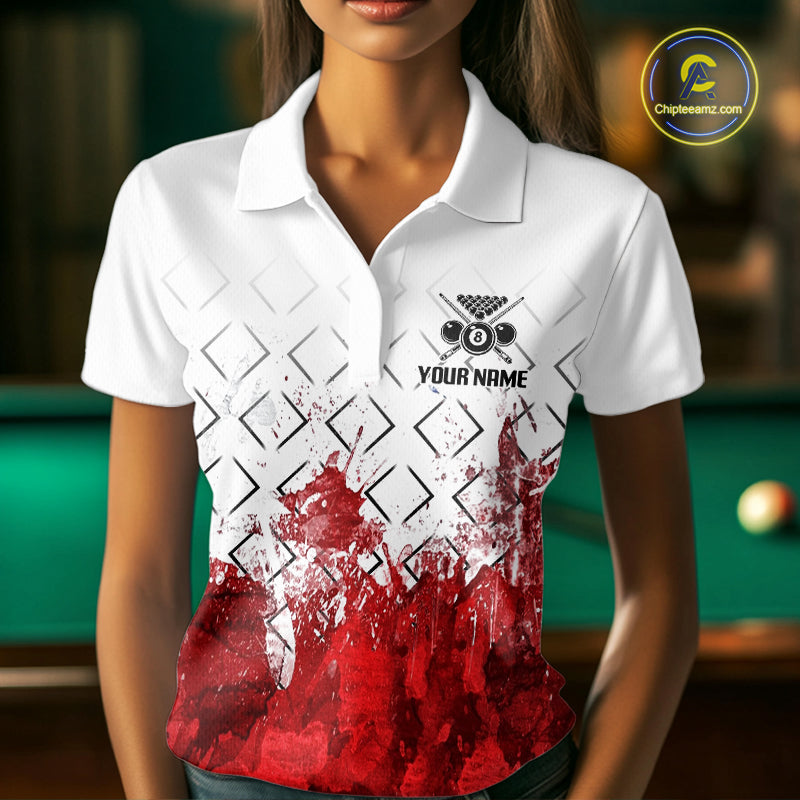Red Splatter Paint 8 Ball Billiard League Shirts For Women Custom Name Billiard Team Jerseys NYN2287