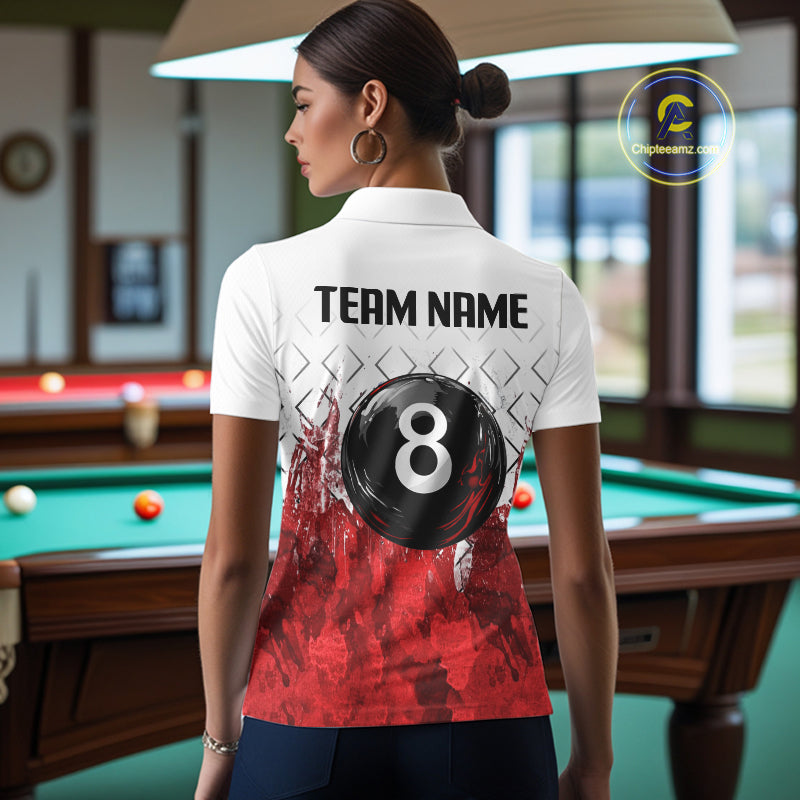 Red Splatter Paint 8 Ball Billiard League Shirts For Women Custom Name Billiard Team Jerseys NYN2287
