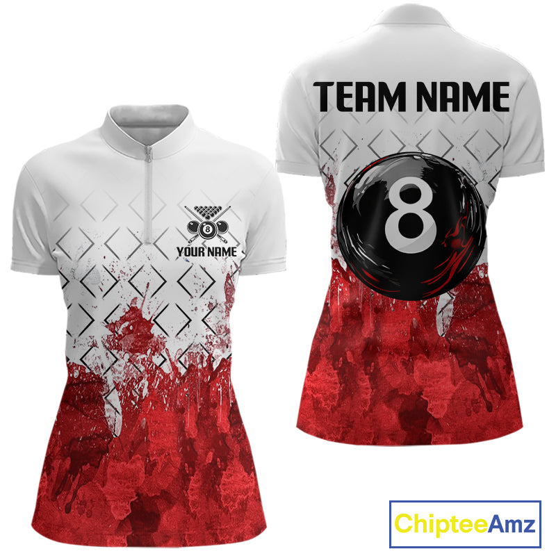 Red Splatter Paint 8 Ball Billiard League Shirts For Women Custom Name Billiard Team Jerseys NYN2287