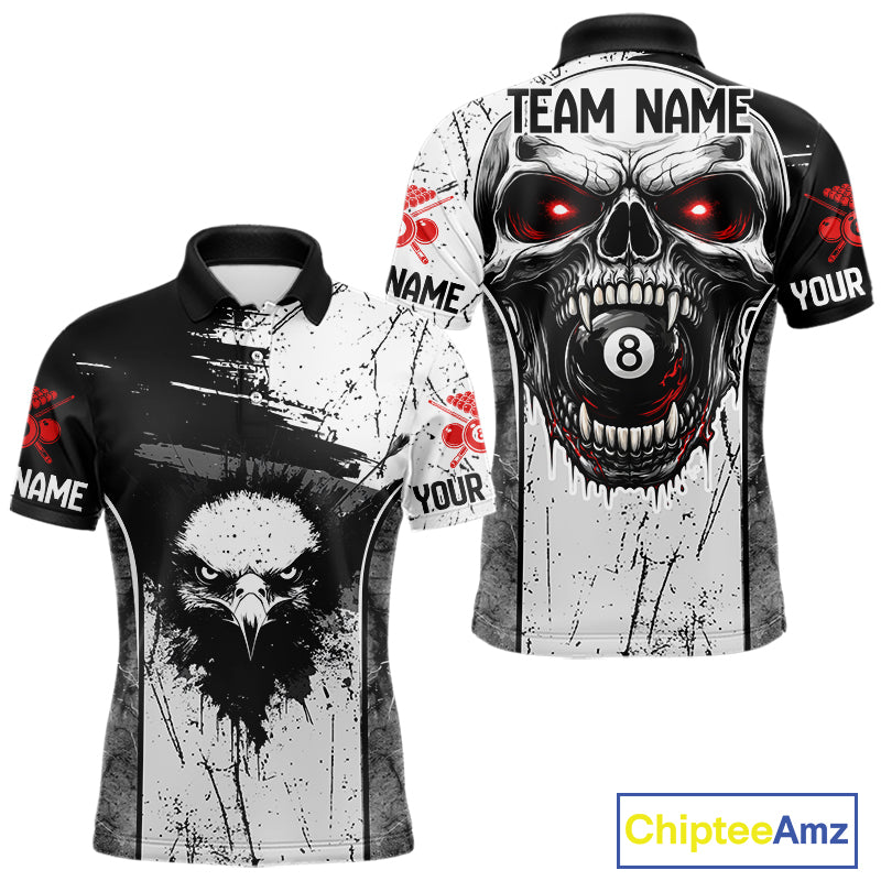 Red Grunge Skull 8 Ball Billiard Shirts For Men Custom Name Pool Billiard Team Jerseys NYN2288