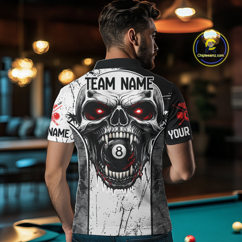 Red Grunge Skull 8 Ball Billiard Shirts For Men Custom Name Pool Billiard Team Jerseys NYN2288