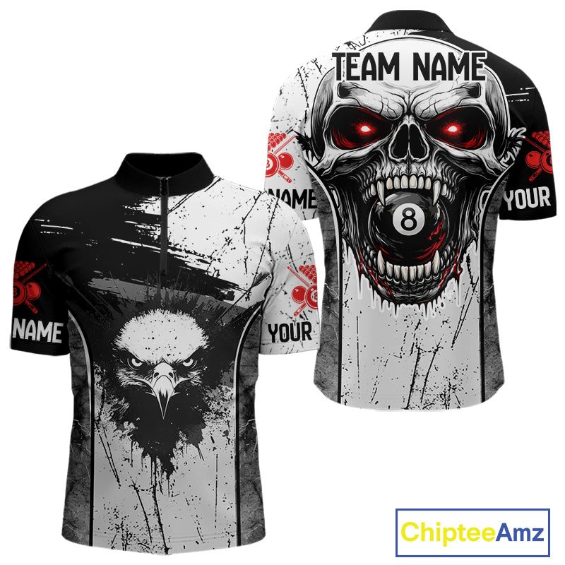 Red Grunge Skull 8 Ball Billiard Shirts For Men Custom Name Pool Billiard Team Jerseys NYN2288
