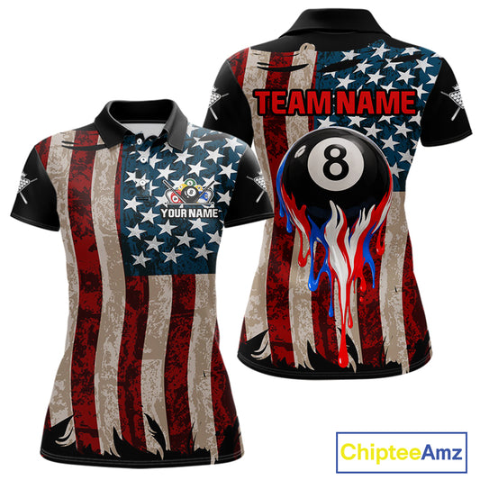 Grunge Dripping Pool 8 Ball Women Billiard Shirts Custom US Flag Patriotic Billiard Jerseys NYN2293