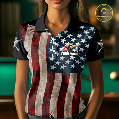 Grunge Dripping Pool 8 Ball Women Billiard Shirts Custom US Flag Patriotic Billiard Jerseys NYN2293