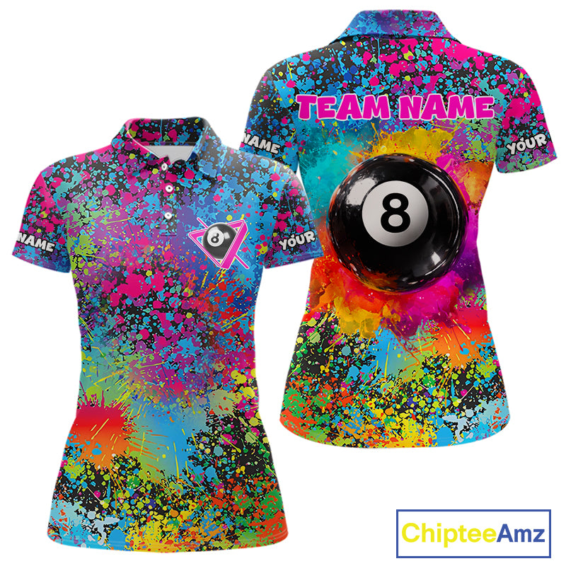 Colorful Splatter 8 Ball Pool Billiard Shirts For Women Custom Name Billiard Team Jerseys NYN2294
