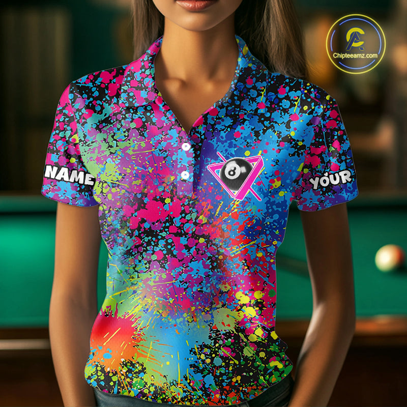 Colorful Splatter 8 Ball Pool Billiard Shirts For Women Custom Name Billiard Team Jerseys NYN2294