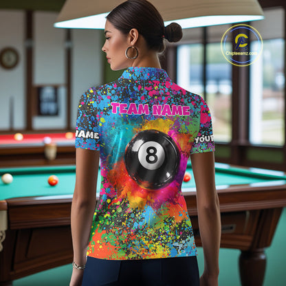 Colorful Splatter 8 Ball Pool Billiard Shirts For Women Custom Name Billiard Team Jerseys NYN2294