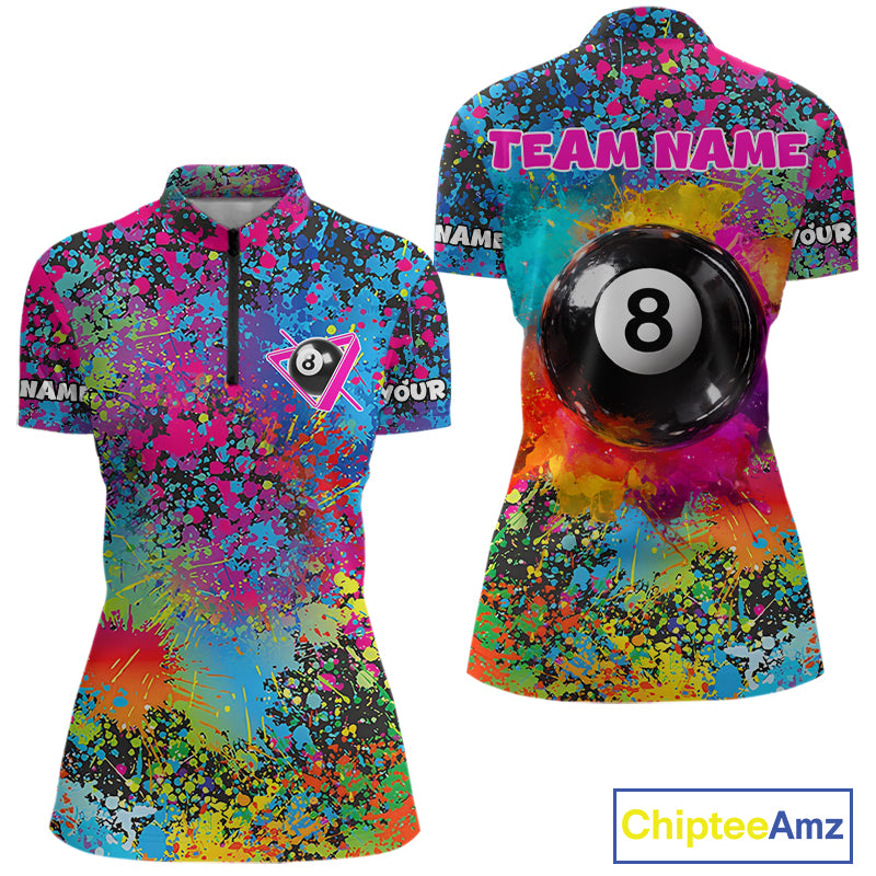 Colorful Splatter 8 Ball Pool Billiard Shirts For Women Custom Name Billiard Team Jerseys NYN2294