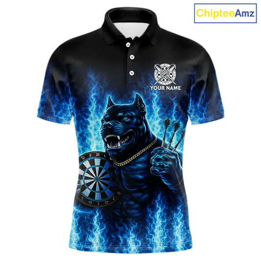 Personalized Blue Flames Bulldog Dartboard Men Darts Polo Shirt Custom Funny Darts Jerseys NYN2581