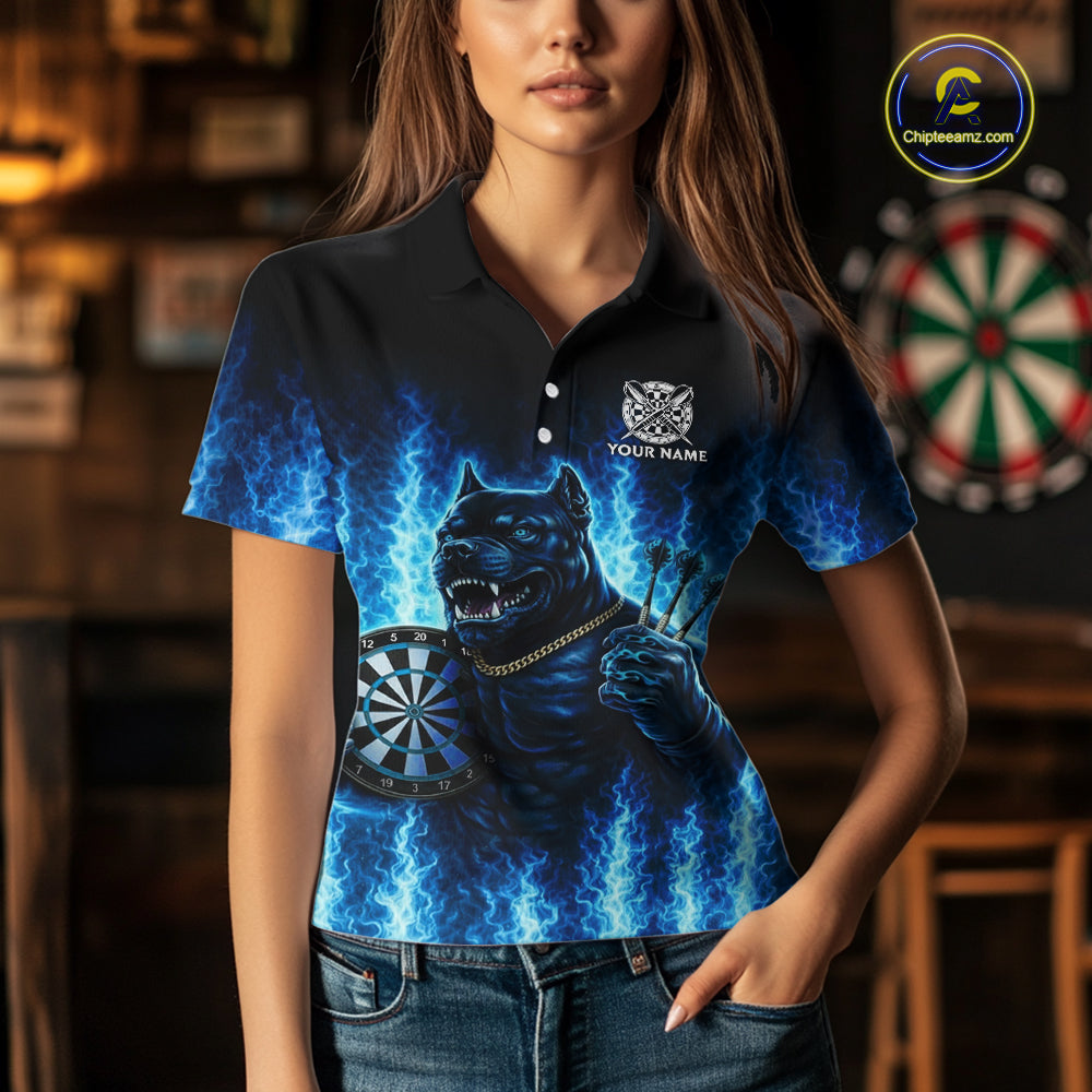 Personalized Blue Flames Bulldog Dartboard Women Darts Polo Shirt Custom Funny Darts Jerseys NYN2581
