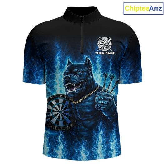 Personalized Blue Flames Bulldog Dartboard Men Darts 1/4-Zip Shirt Custom Funny Darts Jerseys NYN2581