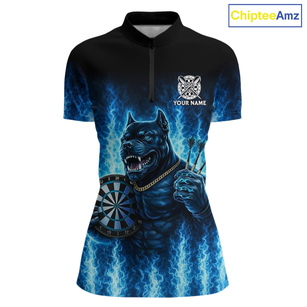 Personalized Blue Flames Bulldog Dartboard Women Darts 1/4-Zip Shirt Custom Funny Darts Jerseys NYN2581