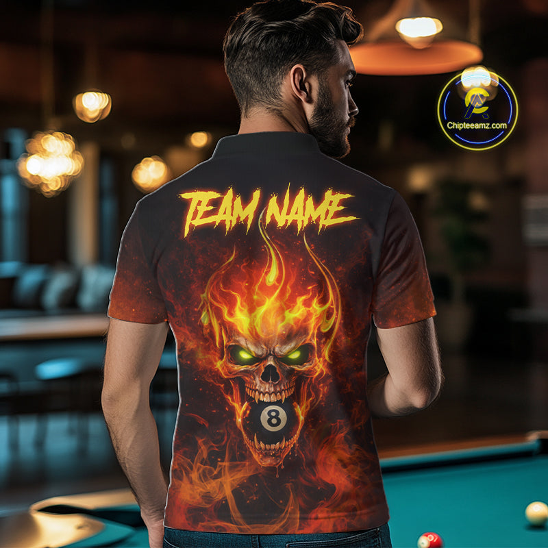 Orange Flaming Horror Skull 8 Ball Pool Men Billiard Polo & 1/4-Zip Shirt Custom Billiard Team Attire NYN2731