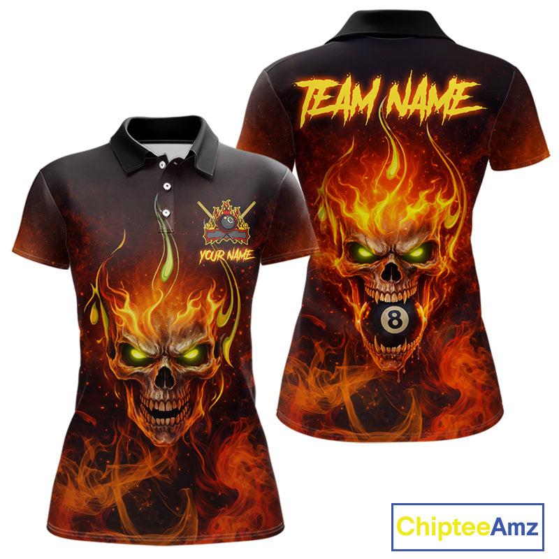 Orange Flaming Horror Skull 8 Ball Pool Women Billiard Polo & 1/4-Zip Shirt Custom Billiard Team Attire NYN2731