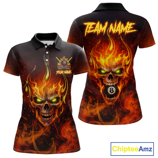 Orange Flaming Horror Skull 8 Ball Pool Women Billiard Polo & 1/4-Zip Shirt Custom Billiard Team Attire NYN2731