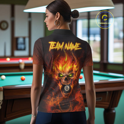 Orange Flaming Horror Skull 8 Ball Pool Women Billiard Polo & 1/4-Zip Shirt Custom Billiard Team Attire NYN2731