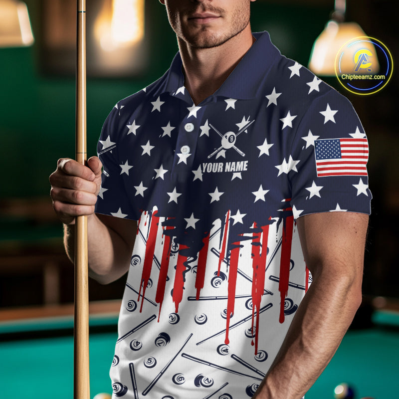 Load image into Gallery viewer, Blue Red American Flag 8 Ball Pool Men Billiard Ball Cue Shirt Custom Patriotic Billiard Team Attire NYN2733