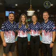 Load image into Gallery viewer, Blue Red American Flag 8 Ball Pool Women Billiard Ball Cue Shirt Custom Patriotic Billiard Team Attire NYN2733