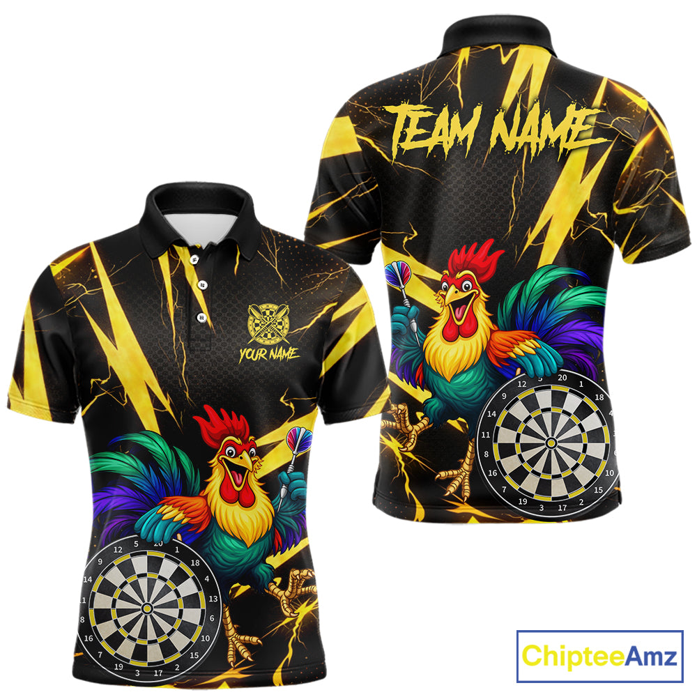 Funny Colorful Rooster Plays Darts Polo & Quarter Zip Shirt Custom Thunder Yellow Men Darts Jersey NYN2949