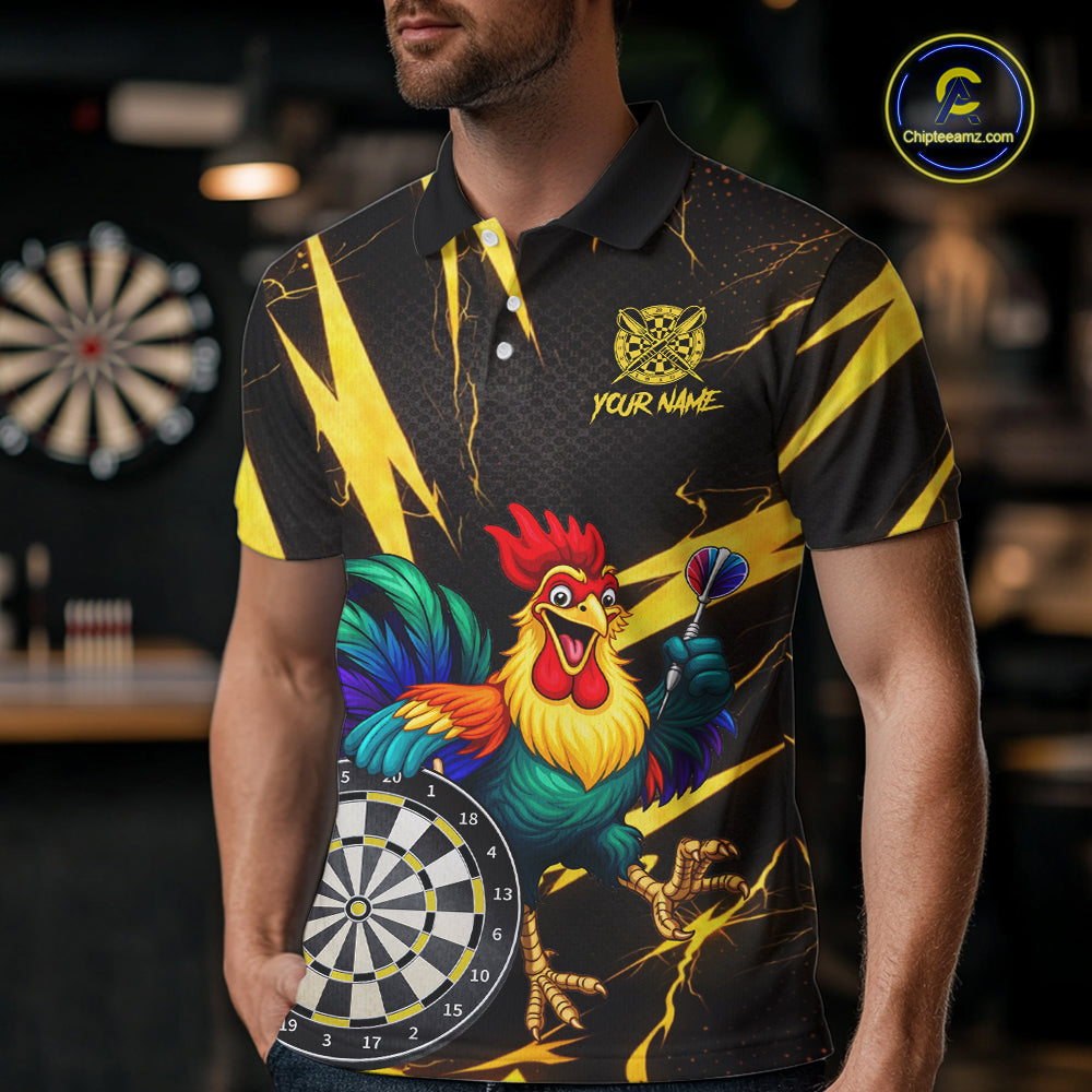 Funny Colorful Rooster Plays Darts Polo & Quarter Zip Shirt Custom Thunder Yellow Men Darts Jersey NYN2949