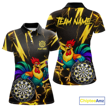 Funny Colorful Rooster Plays Darts Polo & Quarter Zip Shirt Custom Thunder Yellow Women Darts Jersey NYN2949