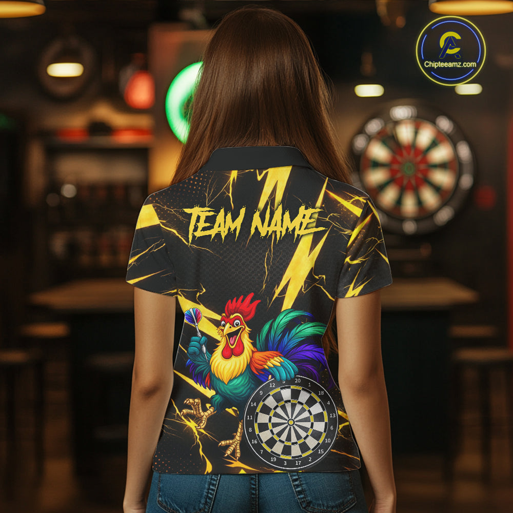 Funny Colorful Rooster Plays Darts Polo & Quarter Zip Shirt Custom Thunder Yellow Women Darts Jersey NYN2949