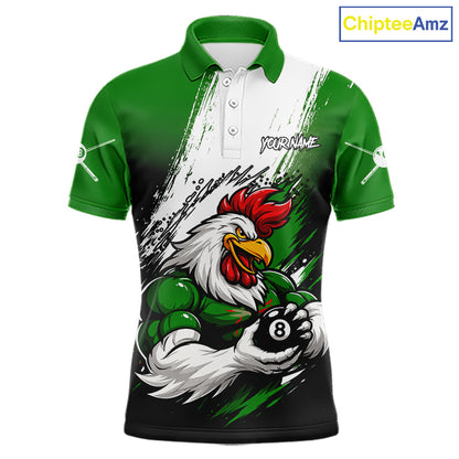 Personalized Funny Rooster 8 Ball Billiard Pool Shirt Custom Green Grunge Billiard Attire For Men NYN2952