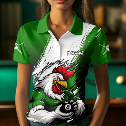Personalized Funny Rooster 8 Ball Billiard Pool Shirt Custom Green Grunge Billiard Attire For Women NYN2952